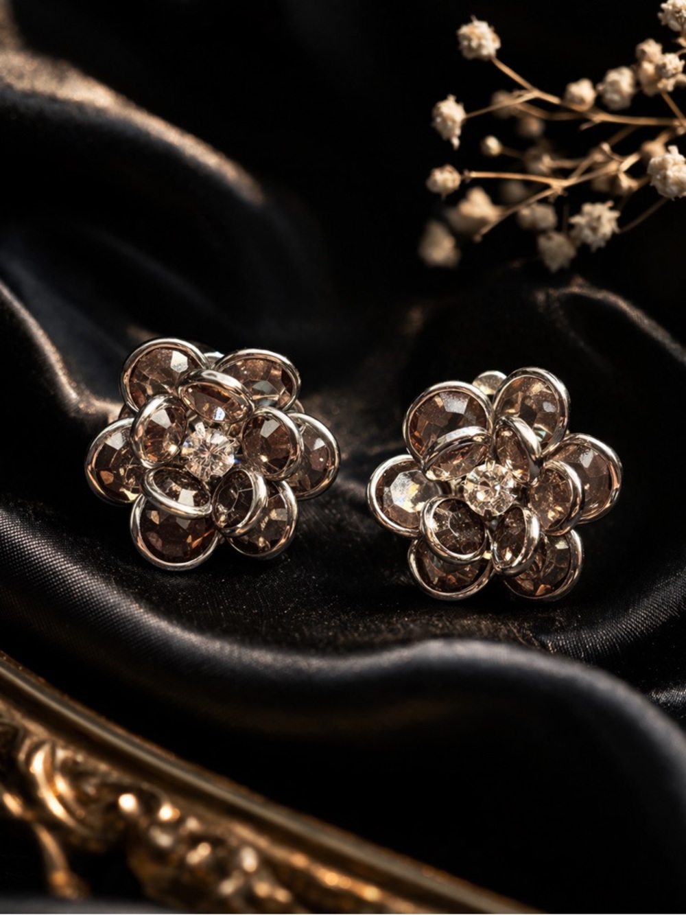 Floral Statement Earrings Acrylic Rhinestone Cluster Clip-On Vintage Glam